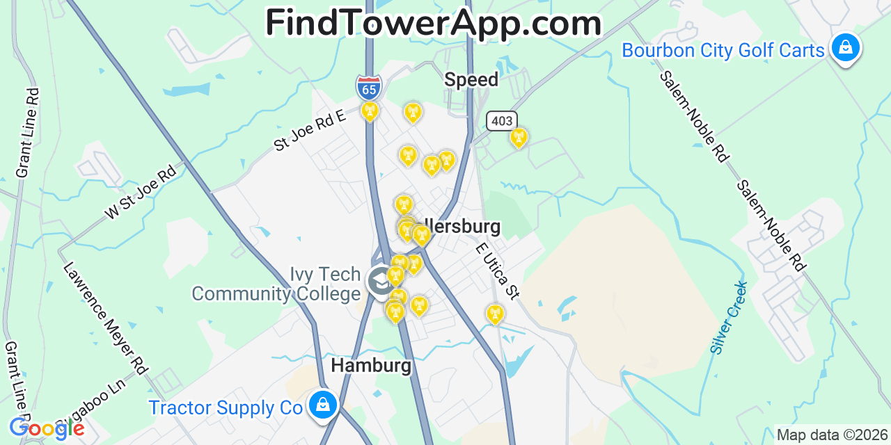Map showing the 20 primary cell tower locations detected in Sellersburg, Indiana from AT&T, Verizon, and T-Mobile networks