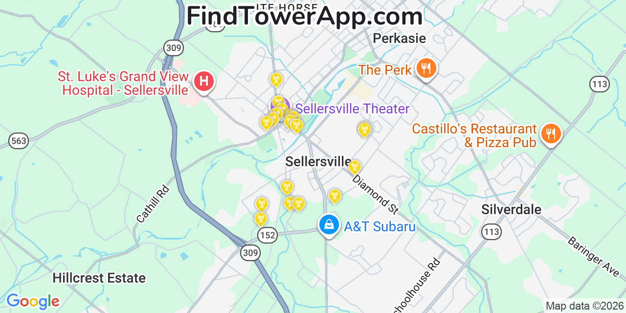 Map showing the 20 primary cell tower locations detected in Sellersville, Pennsylvania from AT&T, Verizon, and T-Mobile networks