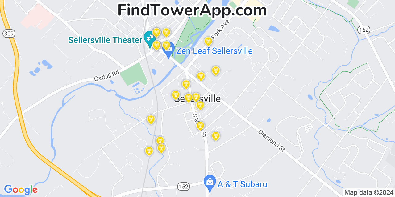 Verizon 4G/5G cell tower coverage map Sellersville, Pennsylvania