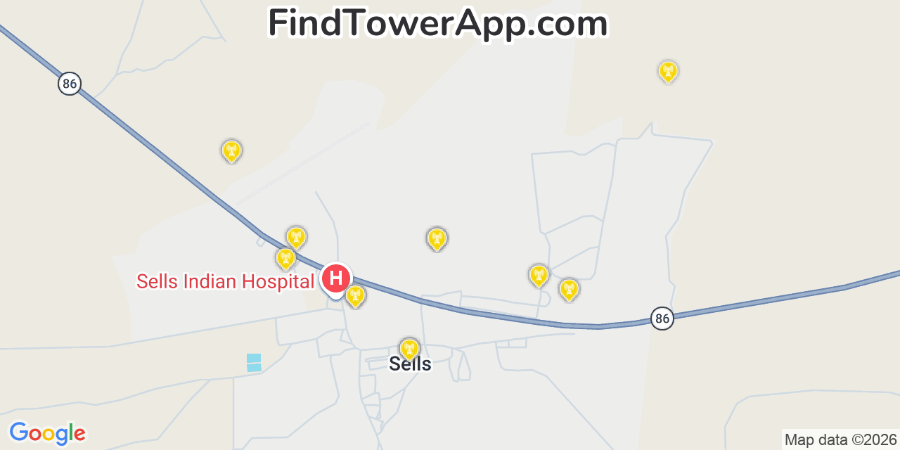 Map showing the 20 primary cell tower locations detected in Sells, Arizona from AT&T, Verizon, and T-Mobile networks