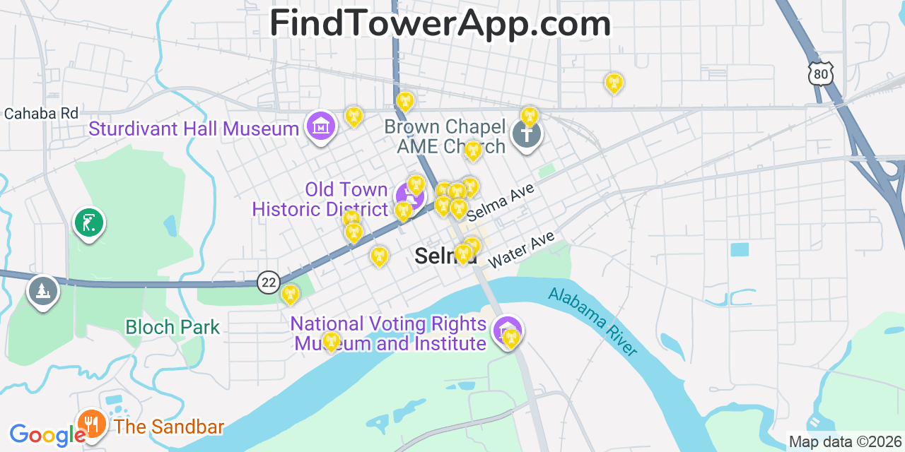 Map showing the 20 primary cell tower locations detected in Selma, Alabama from AT&T, Verizon, and T-Mobile networks
