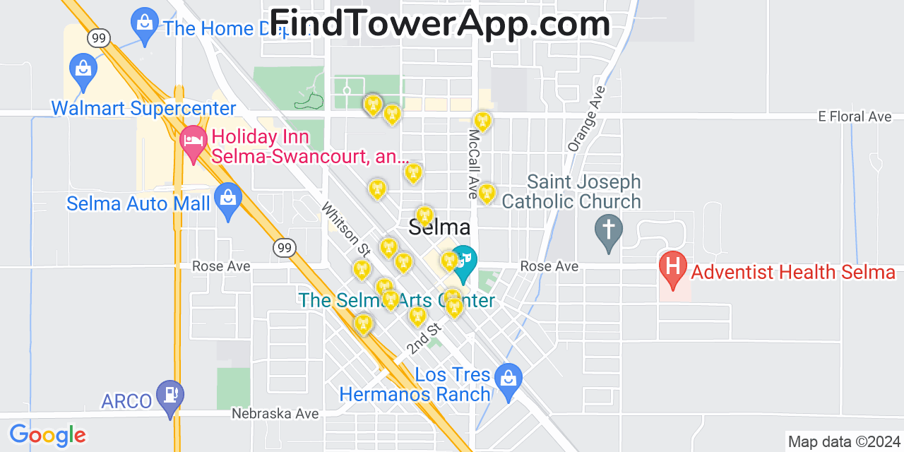 AT&T 4G/5G cell tower coverage map Selma, California