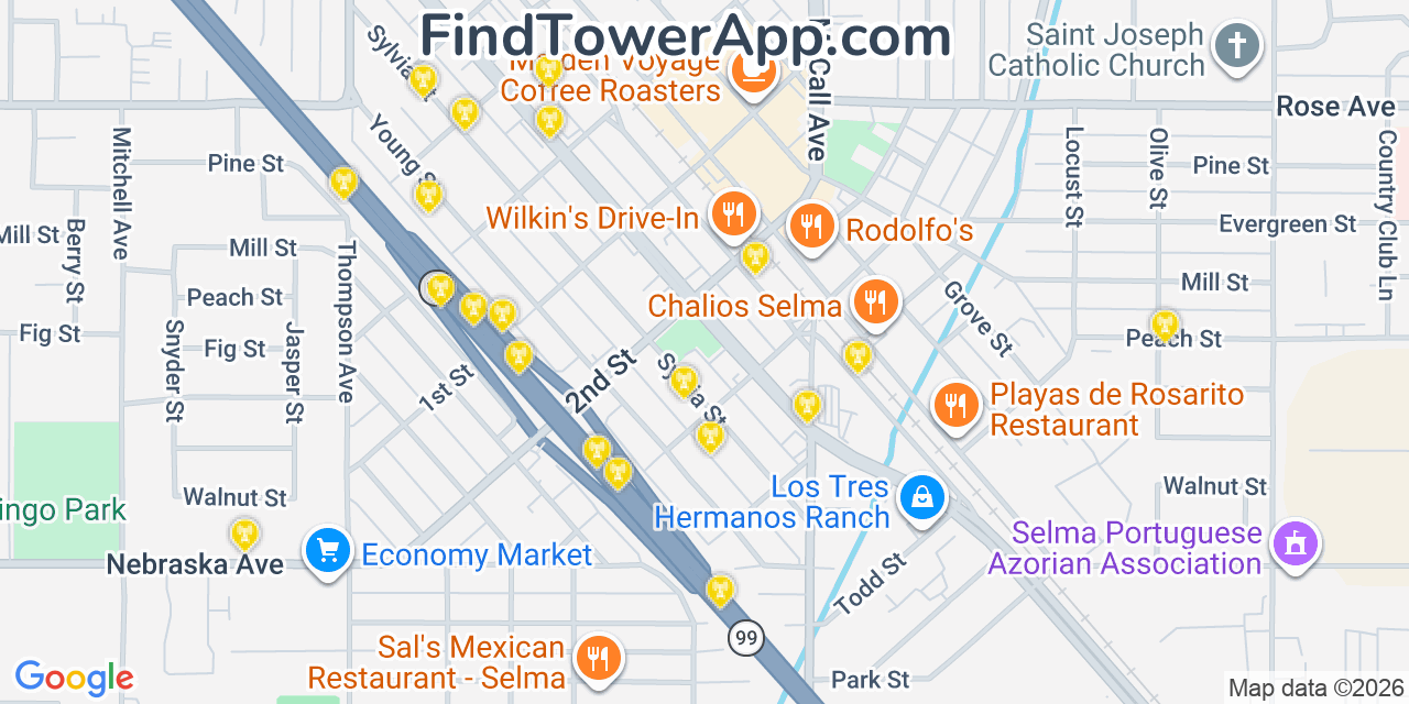 Map showing the 20 primary cell tower locations detected in Selma, California from AT&T, Verizon, and T-Mobile networks