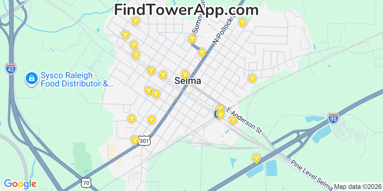 Map showing the 20 primary cell tower locations detected in Selma, North Carolina from AT&T, Verizon, and T-Mobile networks
