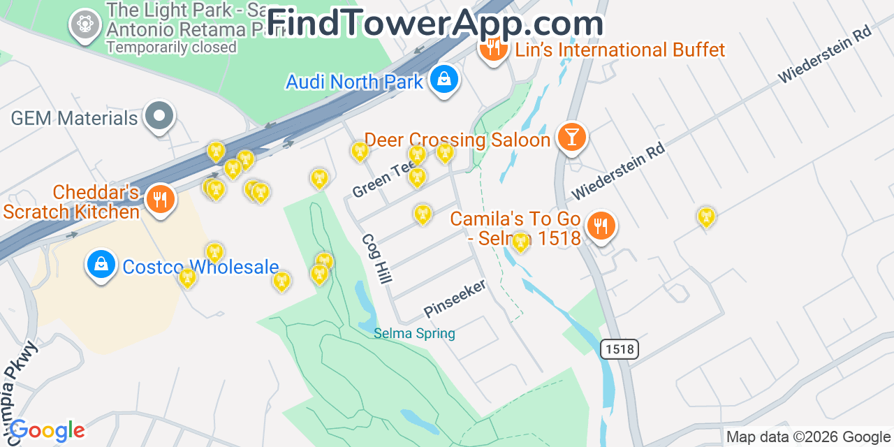 Map showing the 20 primary cell tower locations detected in Selma, Texas from AT&T, Verizon, and T-Mobile networks