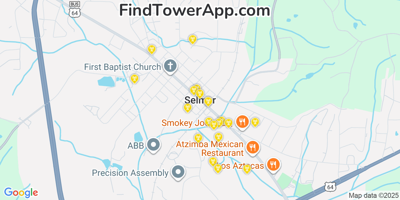 Map showing the 20 primary cell tower locations detected in Selmer, Tennessee from AT&T, Verizon, and T-Mobile networks