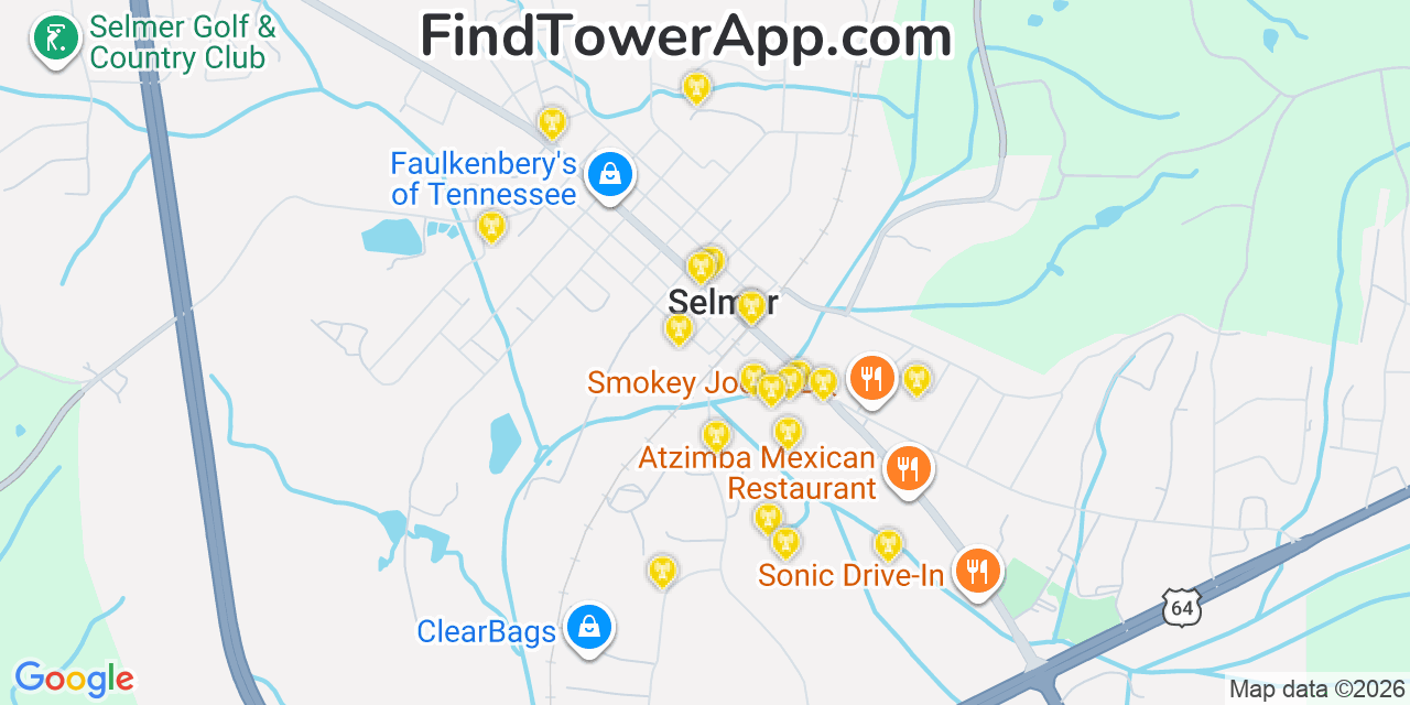 Map showing the 20 primary cell tower locations detected in Selmer, Tennessee from AT&T, Verizon, and T-Mobile networks
