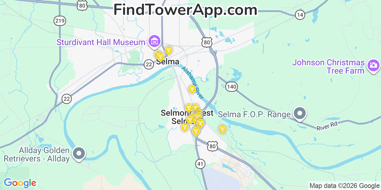 Map showing the 20 primary cell tower locations detected in Selmont West Selmont, Alabama from AT&T, Verizon, and T-Mobile networks