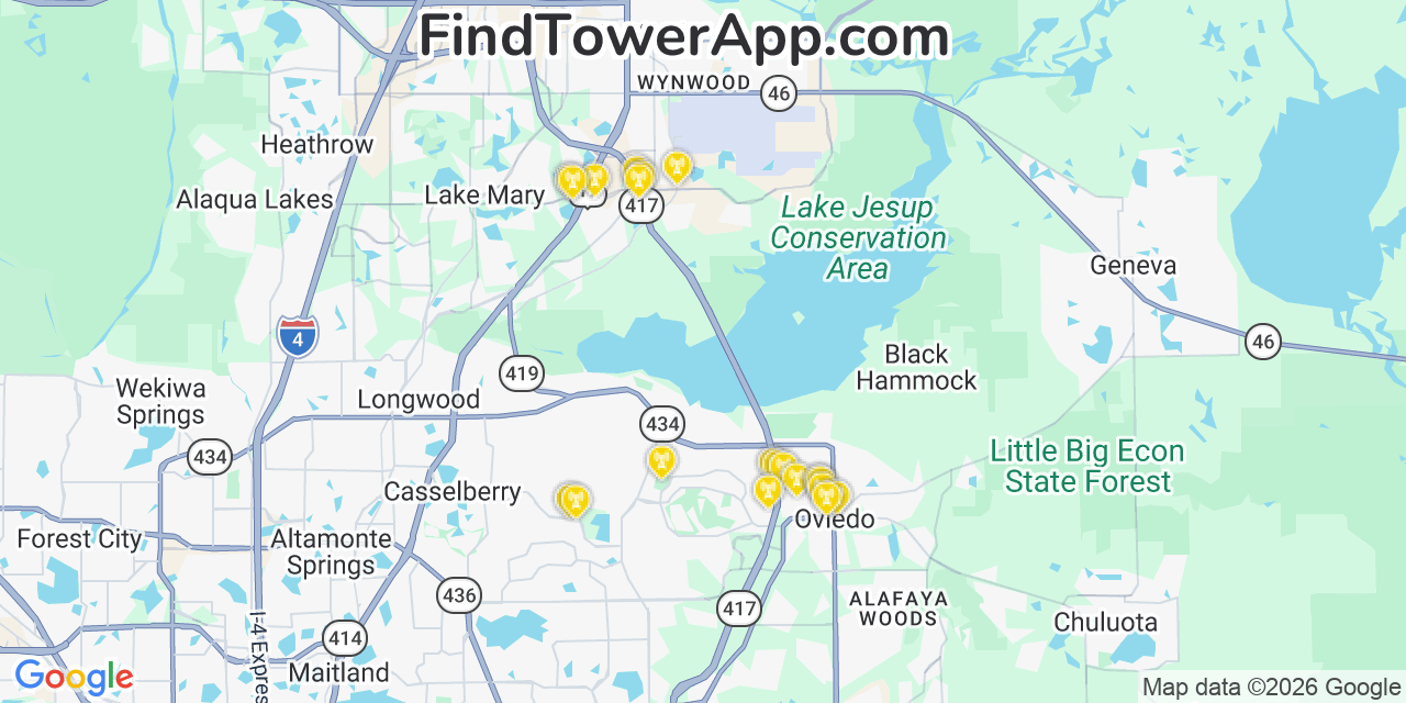 Map showing the 20 primary cell tower locations detected in Seminole, Florida from AT&T, Verizon, and T-Mobile networks
