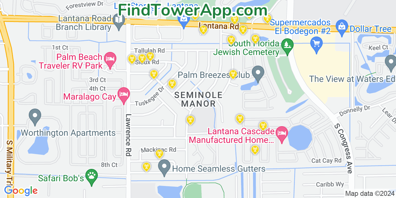 AT&T 4G/5G cell tower coverage map Seminole Manor, Florida