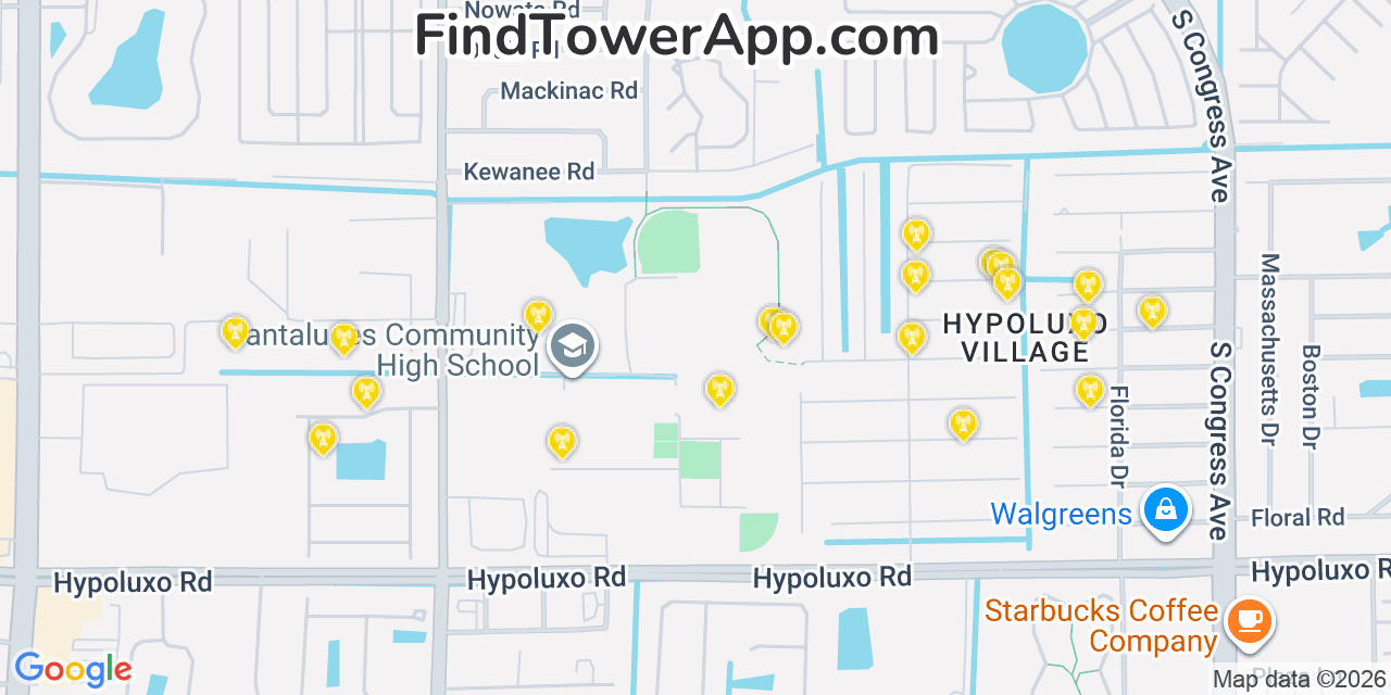 Map showing the 20 primary cell tower locations detected in Seminole Manor, Florida from AT&T, Verizon, and T-Mobile networks