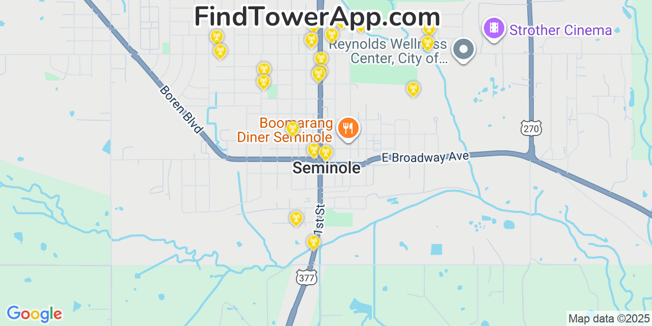 Map showing the 20 primary cell tower locations detected in Seminole, Oklahoma from AT&T, Verizon, and T-Mobile networks