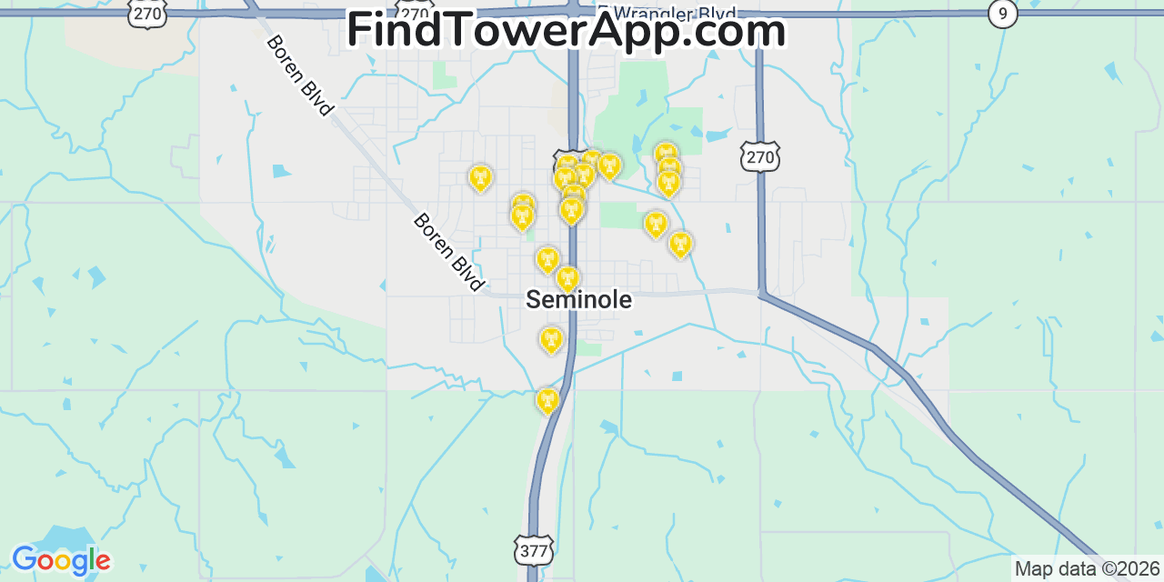 Map showing the 20 primary cell tower locations detected in Seminole, Oklahoma from AT&T, Verizon, and T-Mobile networks