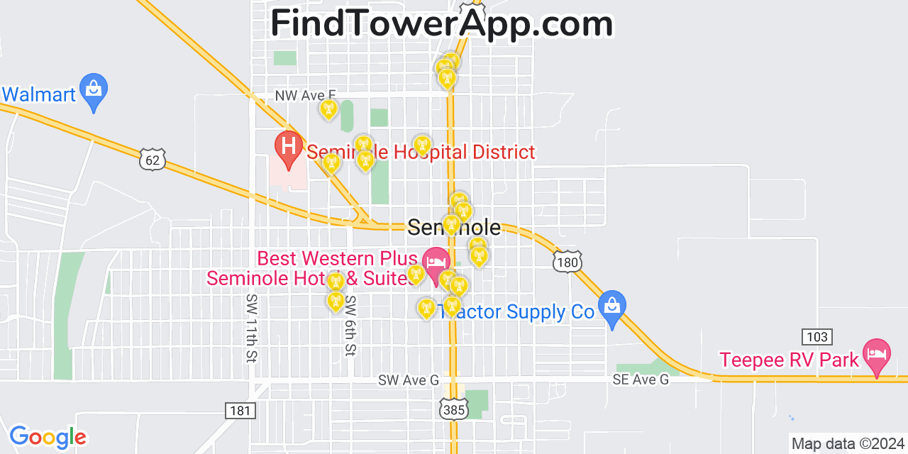 AT&T 4G/5G cell tower coverage map Seminole, Texas