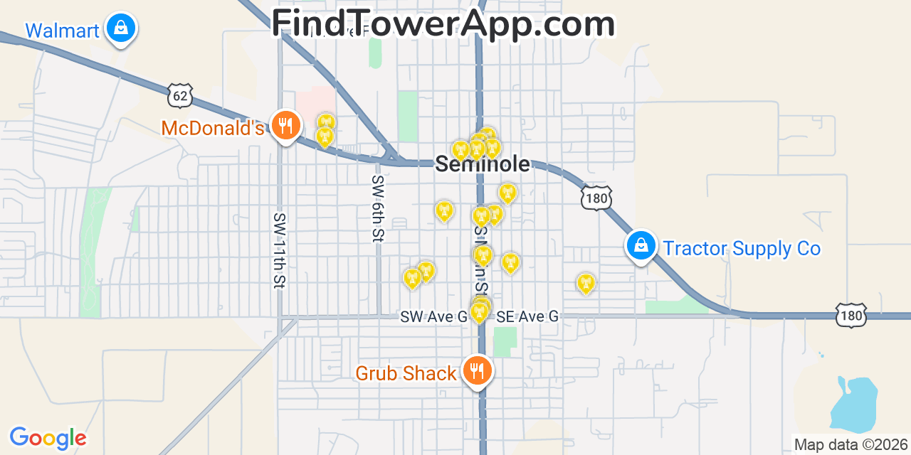 Map showing the 20 primary cell tower locations detected in Seminole, Texas from AT&T, Verizon, and T-Mobile networks