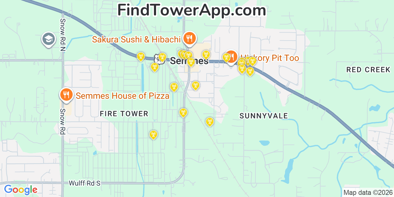 Map showing the 20 primary cell tower locations detected in Semmes, Alabama from AT&T, Verizon, and T-Mobile networks