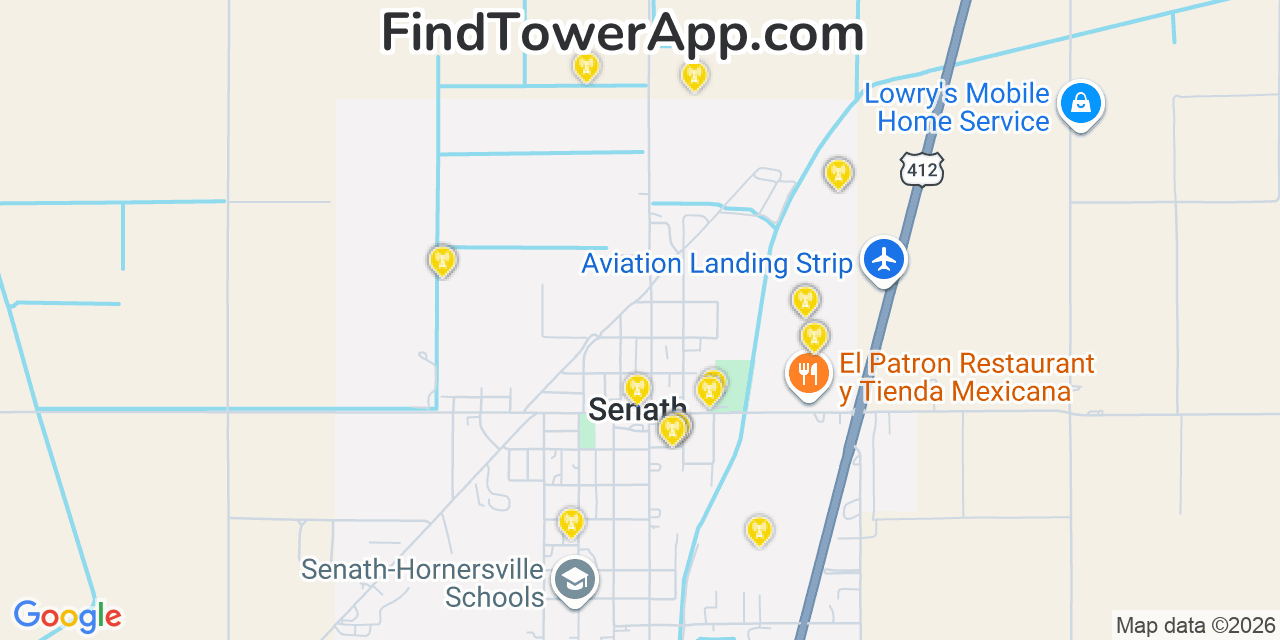 Map showing the 20 primary cell tower locations detected in Senath, Missouri from AT&T, Verizon, and T-Mobile networks