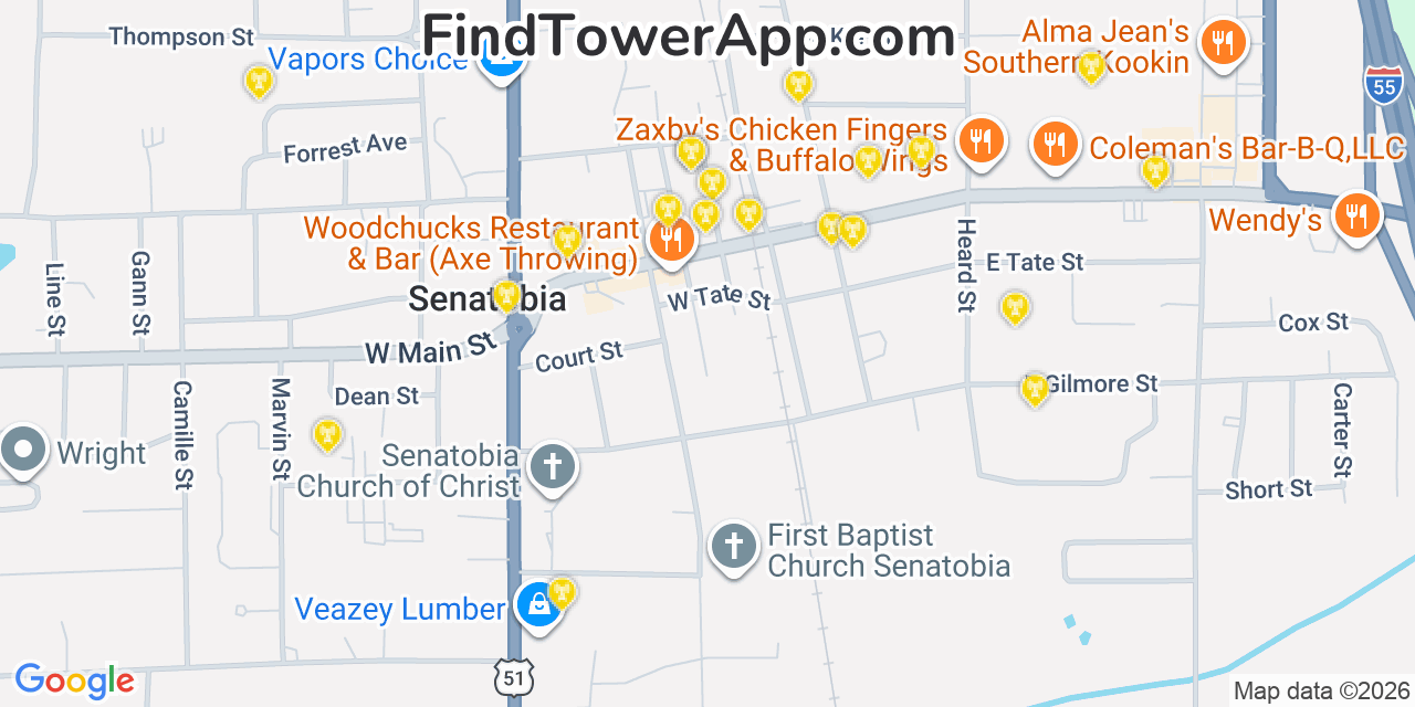Map showing the 20 primary cell tower locations detected in Senatobia, Mississippi from AT&T, Verizon, and T-Mobile networks