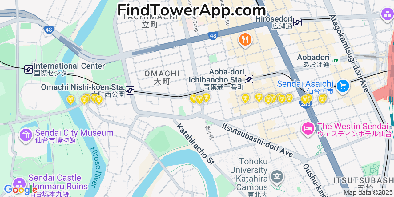 Map showing the 0 primary Docomo cell tower locations detected in Sendai, Japan with coverage radius and signal strength indicators