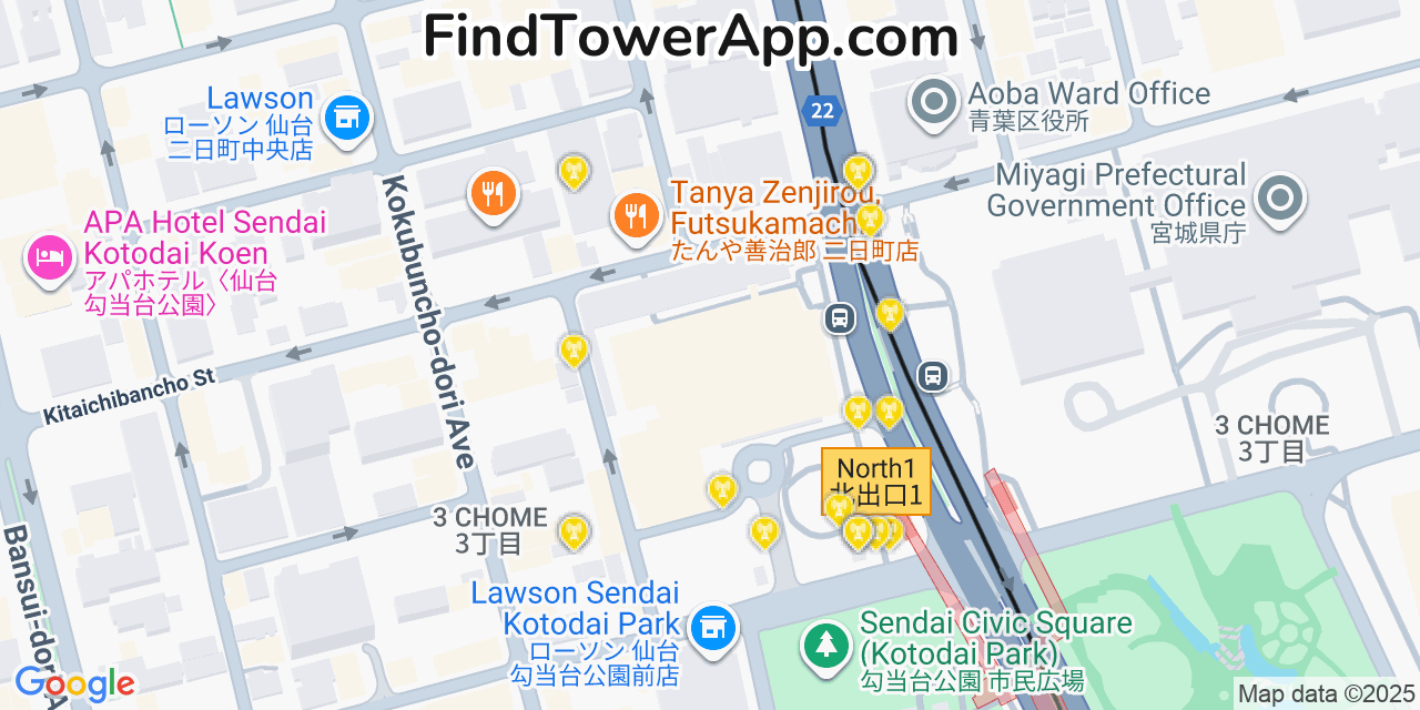 Sendai Cell Towers, Japan - FindTower App Coverage Maps