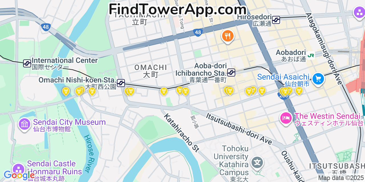 Map showing the 20 primary cell tower locations detected in Sendai, Japan with coverage areas and signal strength