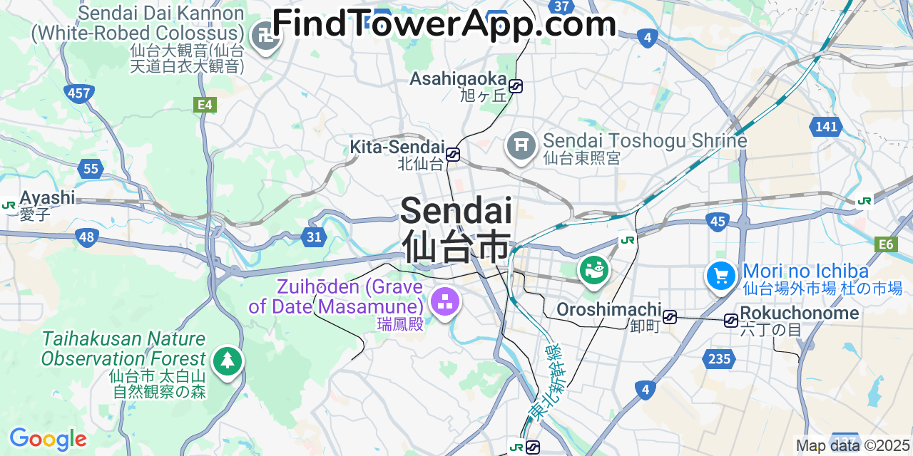 Map showing the 0 primary UQ-mobile cell tower locations detected in Sendai, Japan with coverage radius and signal strength indicators