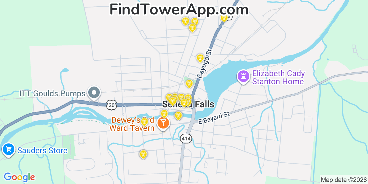 Map showing the 20 primary cell tower locations detected in Seneca Falls, New York from AT&T, Verizon, and T-Mobile networks