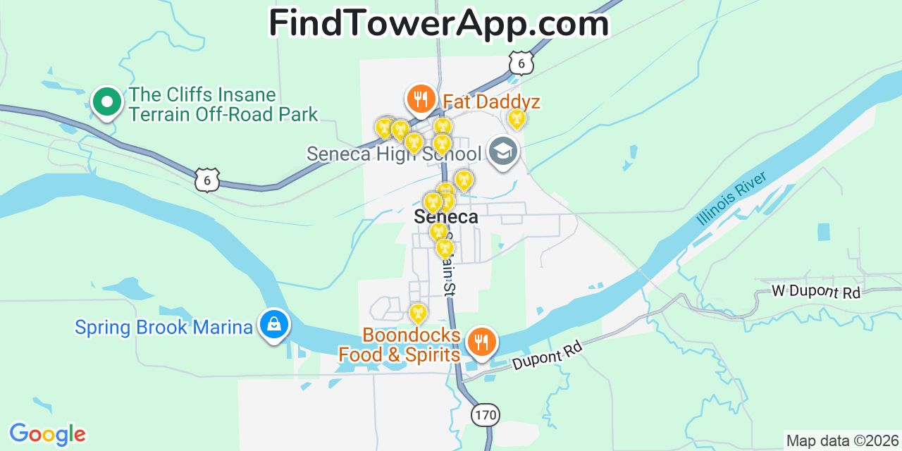 Map showing the 20 primary cell tower locations detected in Seneca, Illinois from AT&T, Verizon, and T-Mobile networks