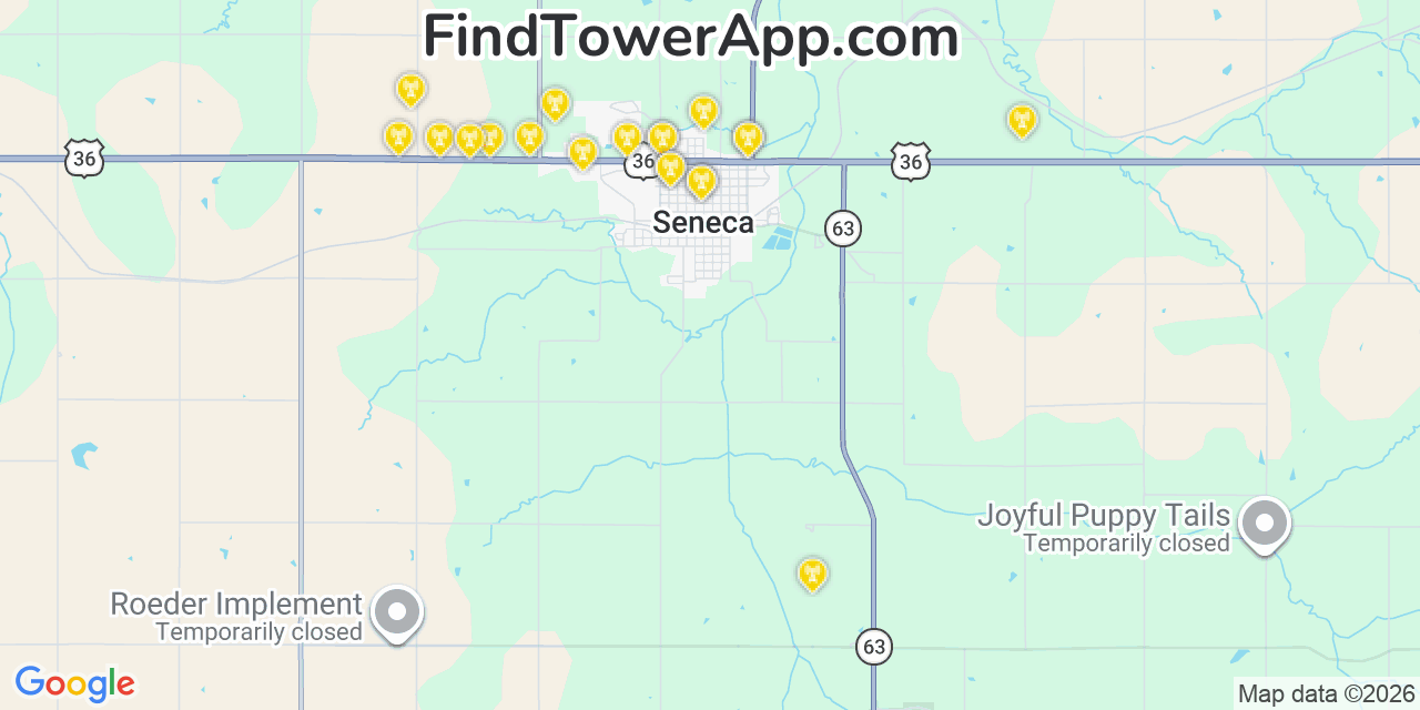 Map showing the 20 primary cell tower locations detected in Seneca, Kansas from AT&T, Verizon, and T-Mobile networks