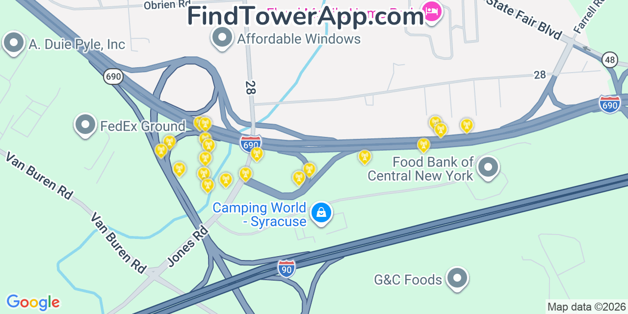 Map showing the 20 primary cell tower locations detected in Seneca Knolls, New York from AT&T, Verizon, and T-Mobile networks