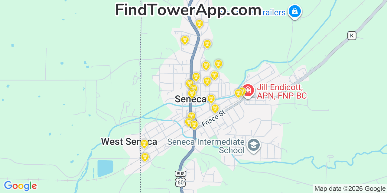 Map showing the 20 primary cell tower locations detected in Seneca, Missouri from AT&T, Verizon, and T-Mobile networks