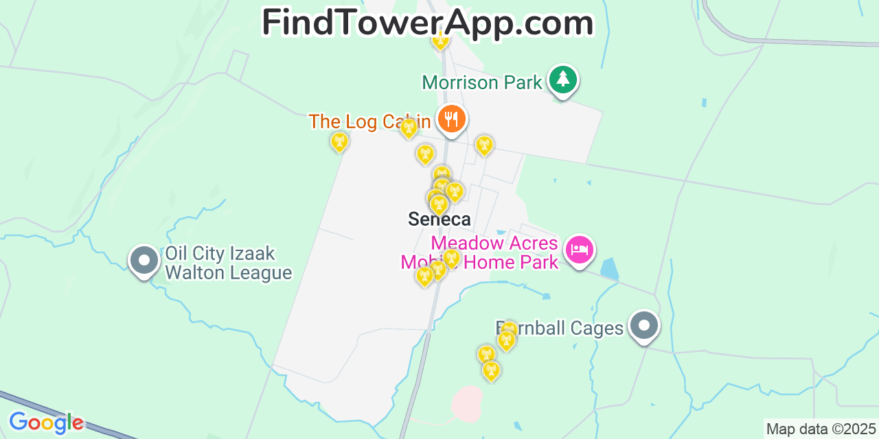 Map showing the 20 primary cell tower locations detected in Seneca, Pennsylvania from AT&T, Verizon, and T-Mobile networks