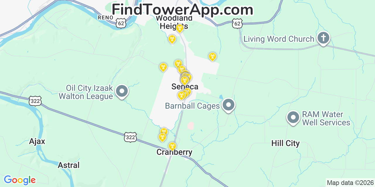 Map showing the 20 primary cell tower locations detected in Seneca, Pennsylvania from AT&T, Verizon, and T-Mobile networks