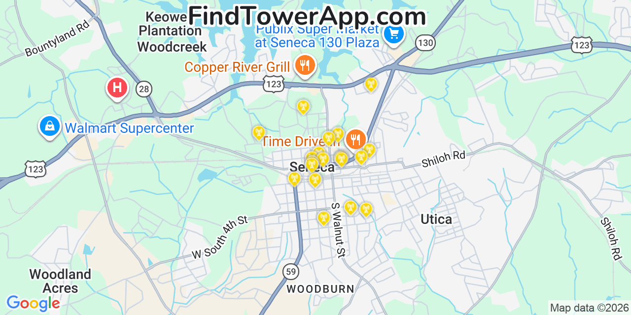 Map showing the 20 primary cell tower locations detected in Seneca, South Carolina from AT&T, Verizon, and T-Mobile networks