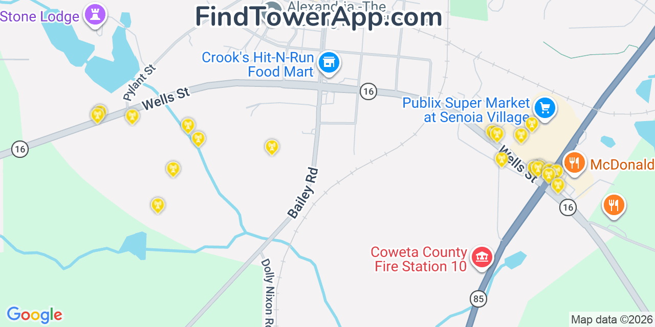Map showing the 20 primary cell tower locations detected in Senoia, Georgia from AT&T, Verizon, and T-Mobile networks