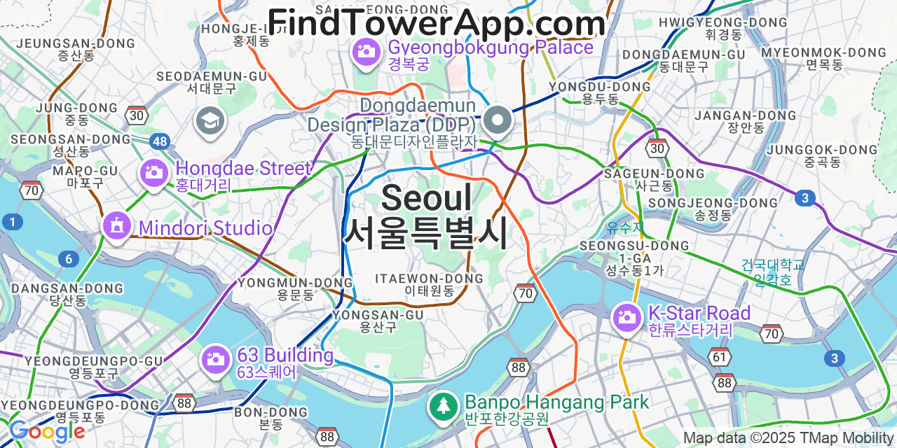 Map showing the 0 primary LG-U cell tower locations detected in Seoul, South Korea with coverage radius and signal strength indicators