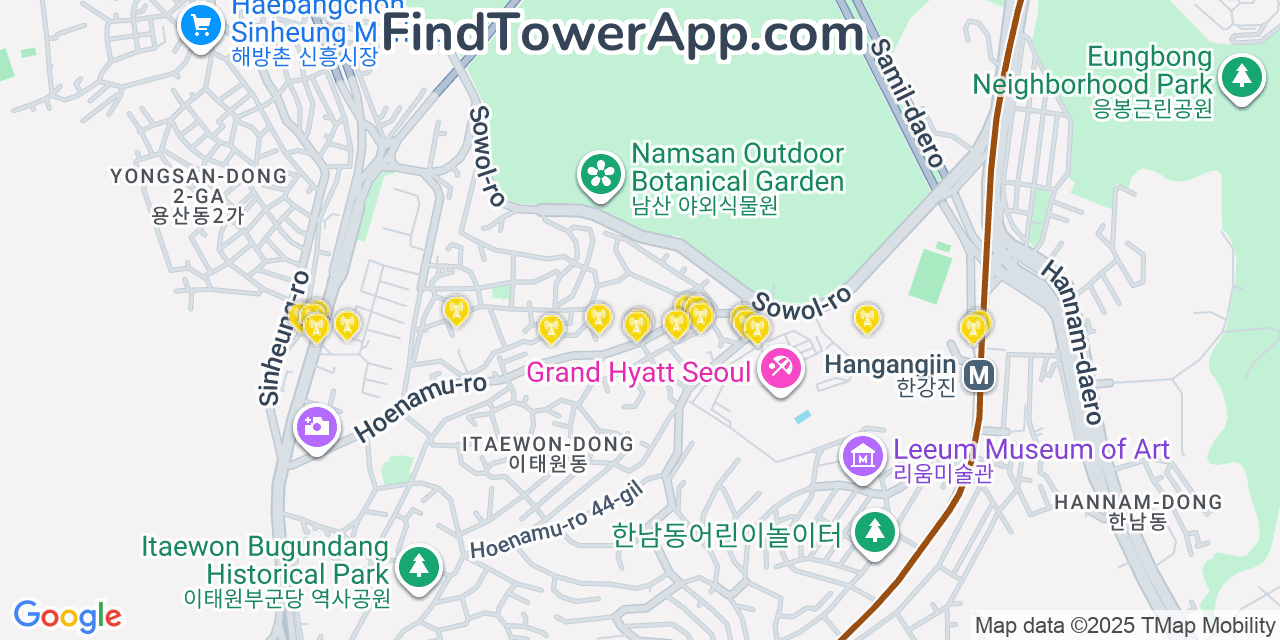 Map showing the 20 primary cell tower locations detected in Seoul, South Korea with coverage areas and signal strength