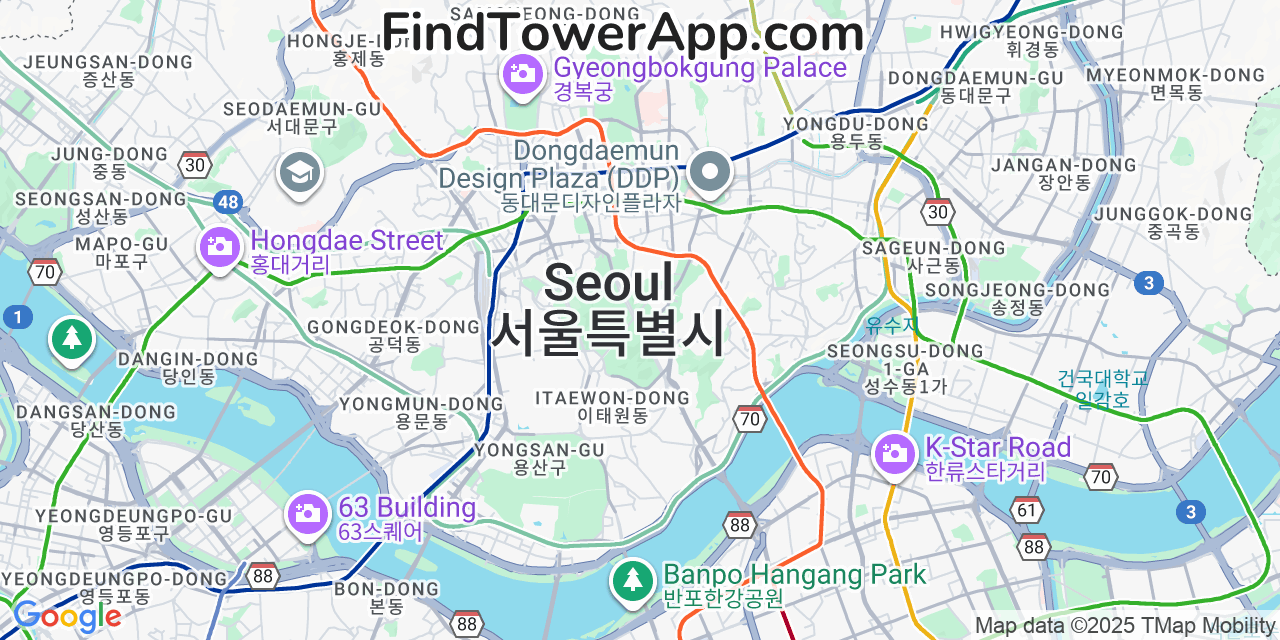 Map showing the 0 primary SK-Telecom cell tower locations detected in Seoul, South Korea with coverage radius and signal strength indicators