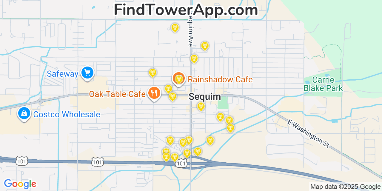 Map showing the 20 primary cell tower locations detected in Sequim, Washington from AT&T, Verizon, and T-Mobile networks