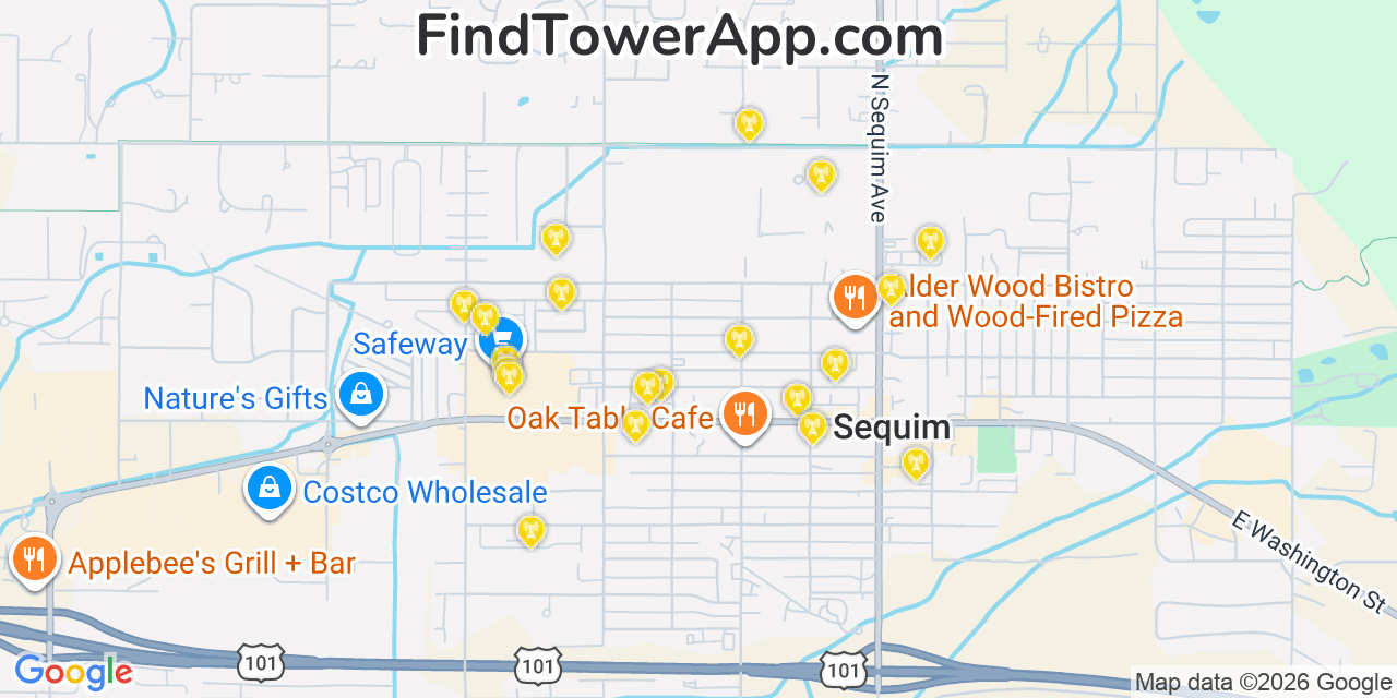Map showing the 20 primary cell tower locations detected in Sequim, Washington from AT&T, Verizon, and T-Mobile networks