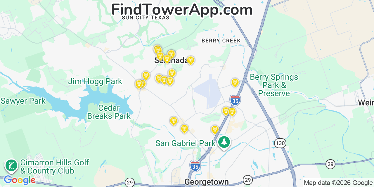 Map showing the 20 primary cell tower locations detected in Serenada, Texas from AT&T, Verizon, and T-Mobile networks