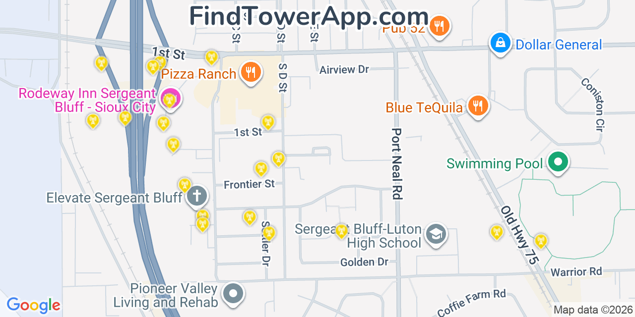 Map showing the 20 primary cell tower locations detected in Sergeant Bluff, Iowa from AT&T, Verizon, and T-Mobile networks