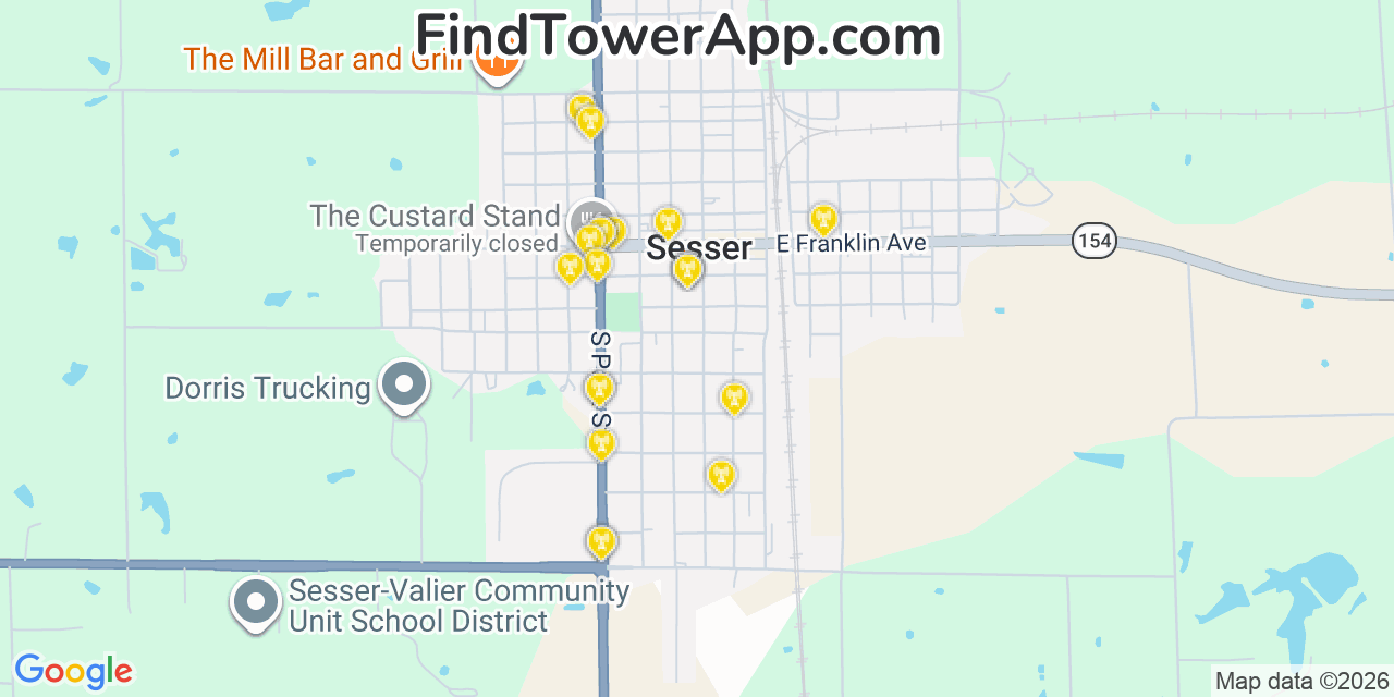 Map showing the 20 primary cell tower locations detected in Sesser, Illinois from AT&T, Verizon, and T-Mobile networks