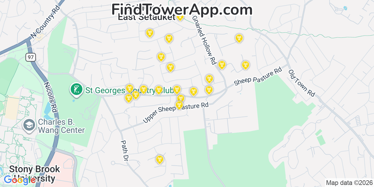 Map showing the 20 primary cell tower locations detected in Setauket East Setauket, New York from AT&T, Verizon, and T-Mobile networks