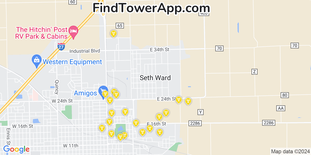 AT&T 4G/5G cell tower coverage map Seth Ward, Texas