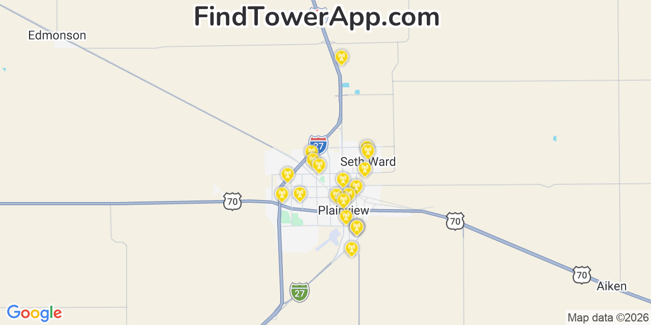 Map showing the 20 primary cell tower locations detected in Seth Ward, Texas from AT&T, Verizon, and T-Mobile networks