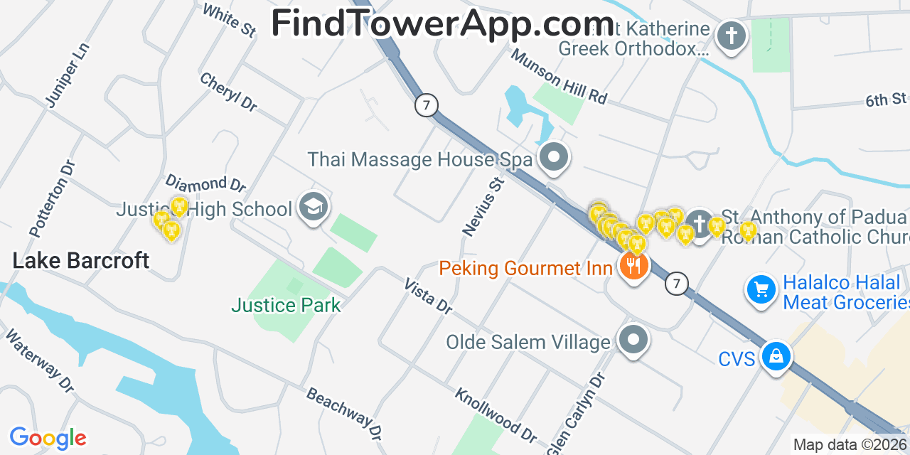 Map showing the 20 primary cell tower locations detected in Seven Corners, Virginia from AT&T, Verizon, and T-Mobile networks
