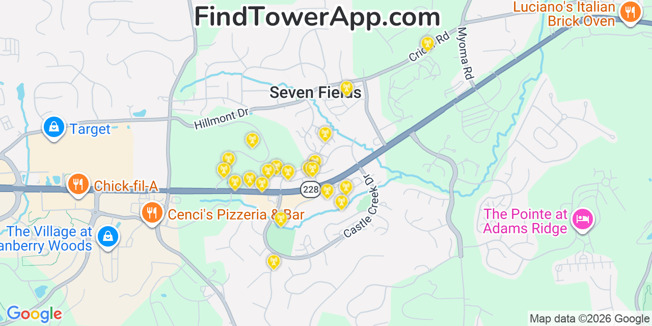 Map showing the 20 primary cell tower locations detected in Seven Fields, Pennsylvania from AT&T, Verizon, and T-Mobile networks