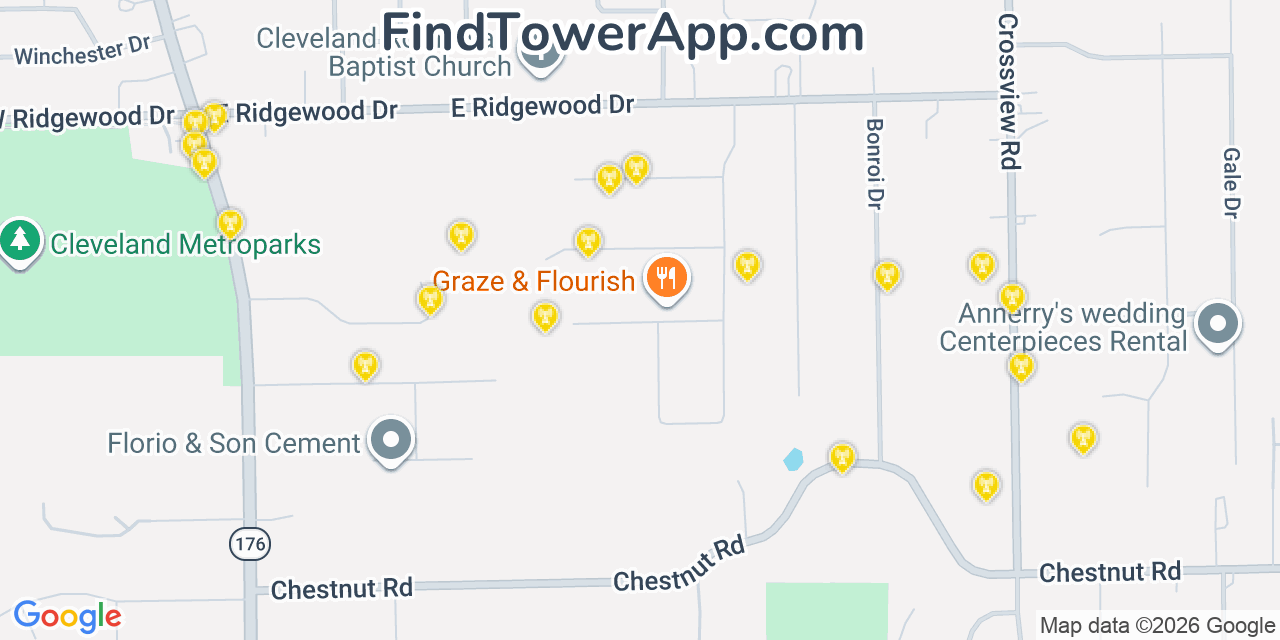 Map showing the 20 primary cell tower locations detected in Seven Hills, Ohio from AT&T, Verizon, and T-Mobile networks