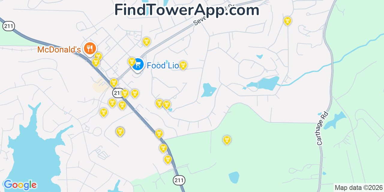Map showing the 20 primary cell tower locations detected in Seven Lakes, North Carolina from AT&T, Verizon, and T-Mobile networks